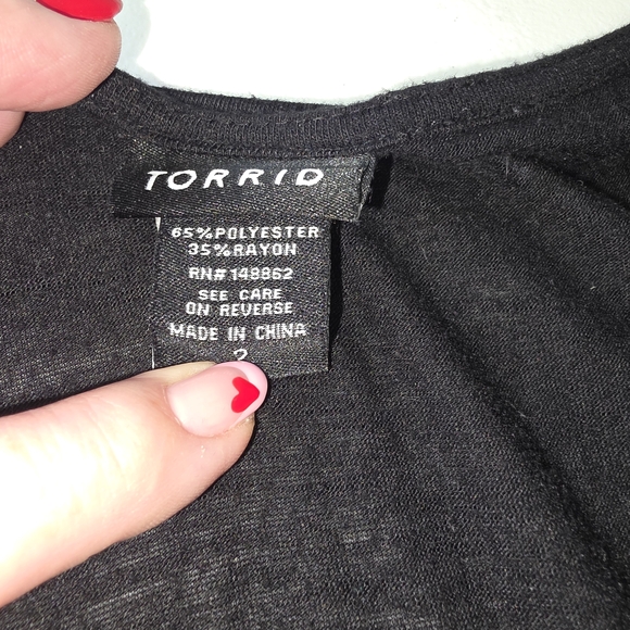 Torrid Charcoal Babydoll Top Size 2X Ruched Tie Front Ruffle Sleeves‎ Peasant - Picture 6 of 9